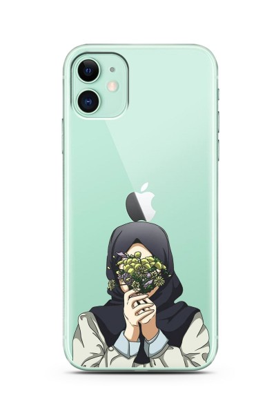 Iphone 11 Kapalı Çiçekli Kız Tasarımlı Süper Şeffaf Silikon Telefon Kılıfı