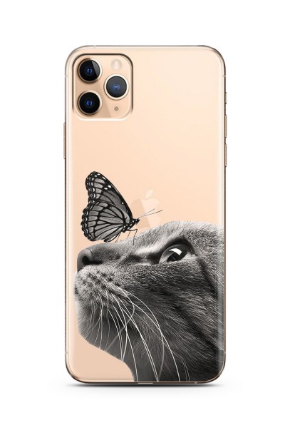 iPhone 11 Pro Kedi Kelebek Tasarımlı Süper Şeffaf Silikon Telefon Kılıfı
