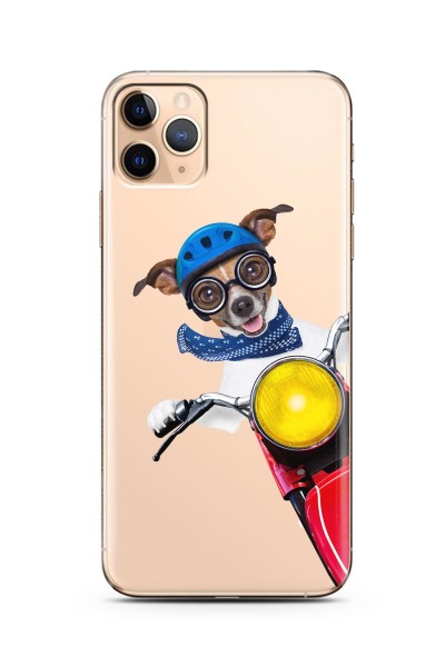 iPhone 11 Pro Max Motorcu Köpek Tasarımlı Süper Şeffaf Silikon Telefon Kılıfı