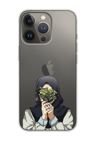 iPhone 13 Pro Max Çiçekli Kız Tasarımlı Şeffaf Telefon Kılıfı
