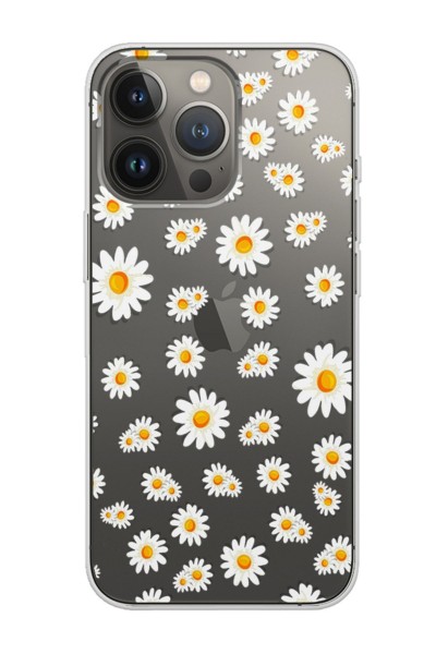 iPhone 13 Pro Max Uyumlu Full Papatya Tasarımlı Şeffaf Telefon Kılıfı