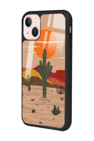 iPhone 13 Retro Kaktüs Güneş Tasarımlı Glossy Telefon Kılıfı