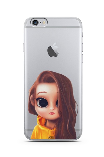 iPhone 6s Plus Kahve Saçlı Kız Tasarımlı Süper Şeffaf Silikon Telefon Kılıfı