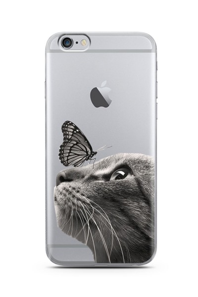Iphone 6s Plus Kedi Kelebek Tasarımlı Süper Şeffaf Silikon Telefon Kılıfı
