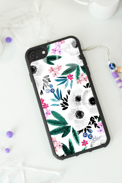 iPhone 7 - 8 Beyaz Çiçek Tasarımlı Glossy Telefon Kılıfı