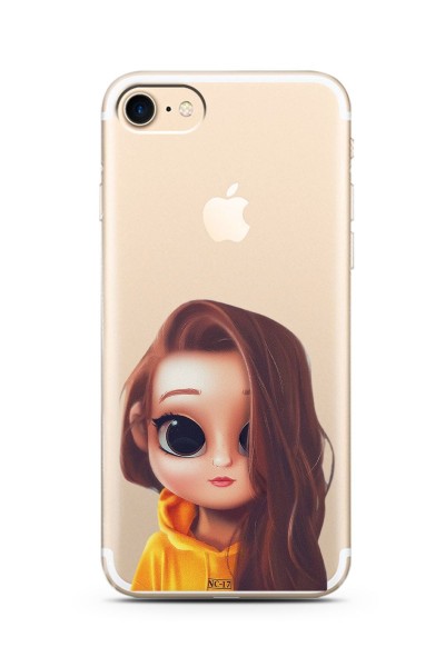 iPhone 7 Kahve Saçlı Kız Tasarımlı Süper Şeffaf Silikon Telefon Kılıfı