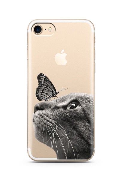 iPhone 7 Kedi Kelebek Tasarımlı Süper Şeffaf Silikon Telefon Kılıfı