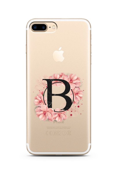 iPhone 7 Plus B Harfi Pembe Çiçekli Harf Tasarım Süper Şeffaf Silikon Telefon Kılıfı
