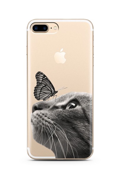 iPhone 7 Plus Kedi Kelebek Tasarımlı Süper Şeffaf Silikon Telefon Kılıfı