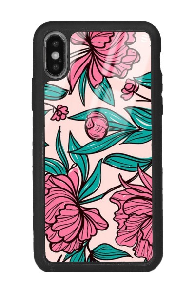 iPhone X - Xs Fuşya Çiçekli Tasarımlı Glossy Telefon Kılıfı
