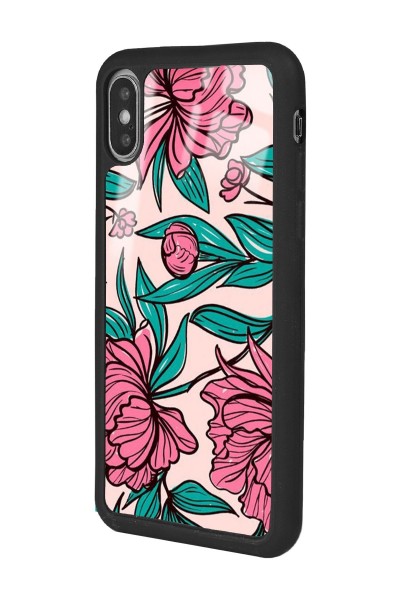 iPhone X - Xs Fuşya Çiçekli Tasarımlı Glossy Telefon Kılıfı