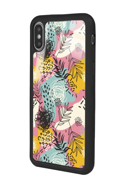iPhone X - Xs Retro Çizgi Çiçek Tasarımlı Glossy Telefon Kılıfı