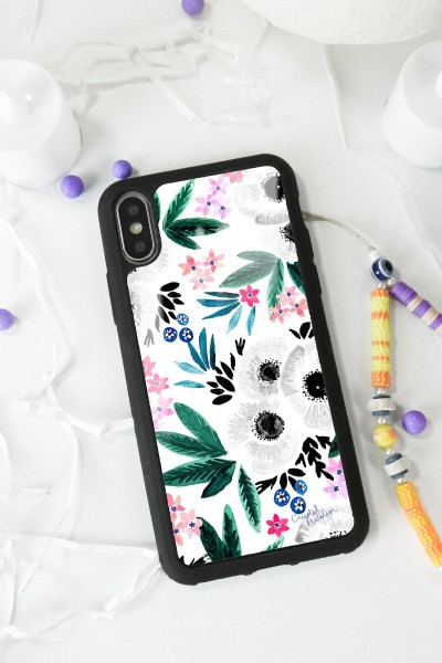 iPhone Xs Max Beyaz Çiçek Tasarımlı Glossy Telefon Kılıfı