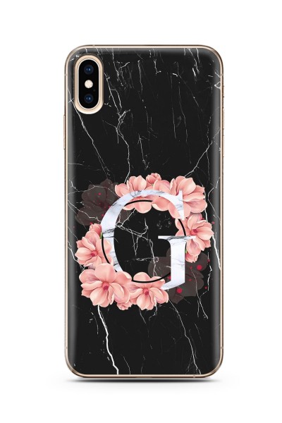 iPhone Xs Max G Harfi Siyah Mermer Çiçekli Harf Tasarım Süper Şeffaf Silikon Telefon Kılıfı