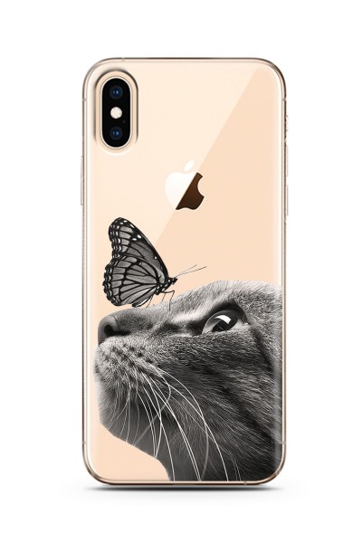 Kedi Kelebek Tasarımlı Süper Şeffaf Silikon iPhone Xs Max Telefon Kılıfı