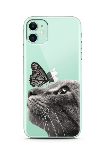 Kedi Kelebek Tasarımlı Süper Şeffaf Silikon Telefon Kılıfı iPhone 11