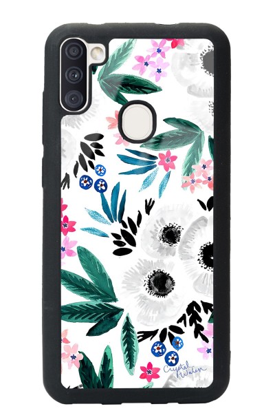 Samsung A11 Beyaz Çiçek Tasarımlı Glossy Telefon Kılıfı