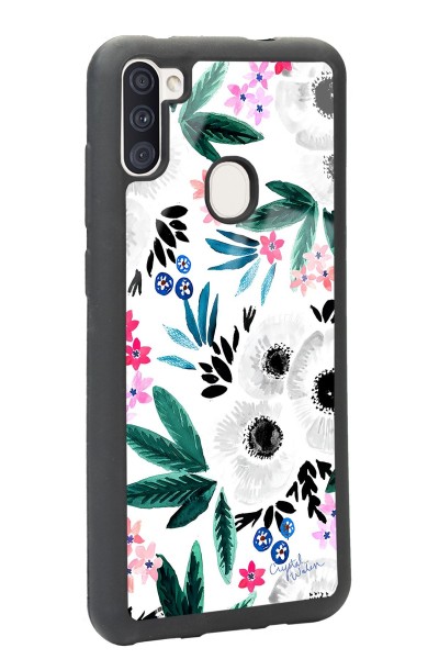 Samsung A11 Beyaz Çiçek Tasarımlı Glossy Telefon Kılıfı