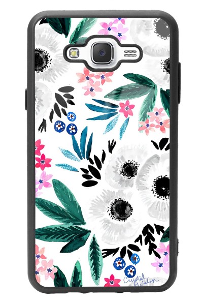 Samsung J7 Beyaz Çiçek Tasarımlı Glossy Telefon Kılıfı