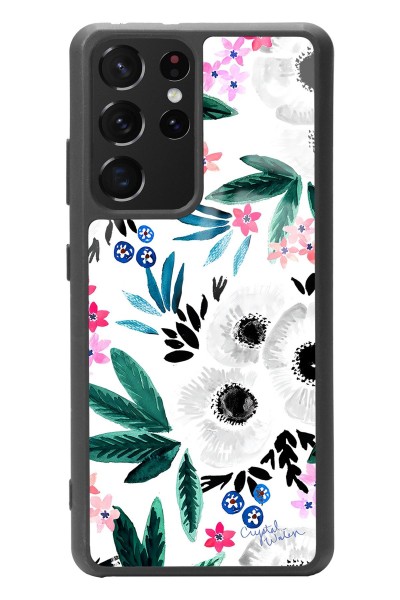 Samsung S-21 Ultra Beyaz Çiçek Tasarımlı Glossy Telefon Kılıfı
