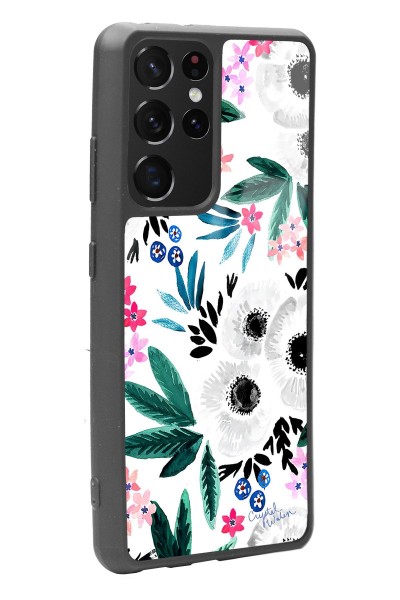 Samsung S-21 Ultra Beyaz Çiçek Tasarımlı Glossy Telefon Kılıfı