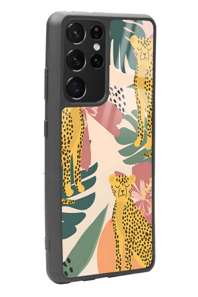 Samsung S-21 Ultra Çiçekli Leopar Tasarımlı Glossy Telefon Kılıfı