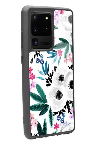 Samsung S20 Ultra Beyaz Çiçek Tasarımlı Glossy Telefon Kılıfı