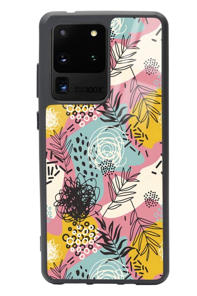 Samsung S20 Ultra Retro Çizgi Çiçek Tasarımlı Glossy Telefon Kılıfı