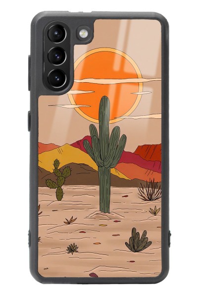 Samsung S21 Retro Kaktüs Güneş Tasarımlı Glossy Telefon Kılıfı