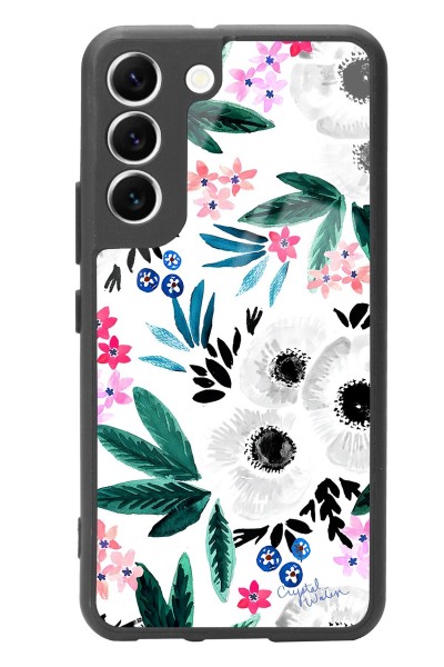 Samsung S22 Beyaz Çiçek Tasarımlı Glossy Telefon Kılıfı