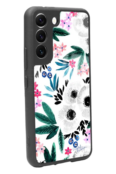 Samsung S22 Beyaz Çiçek Tasarımlı Glossy Telefon Kılıfı