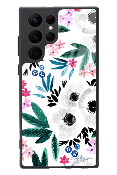 Samsung S22 Ultra Beyaz Çiçek Tasarımlı Glossy Telefon Kılıfı