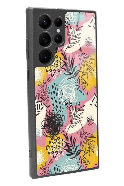 Samsung S22 Ultra Retro Çizgi Çiçek Tasarımlı Glossy Telefon Kılıfı